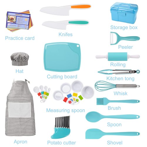 Kinggrand Kitchen Kids Cooking and Baking Set with Storage Case Real Cooking Supplies with Cookbook Knives Apron Chef Hat Kids Cooking Utensils for Girls Boys