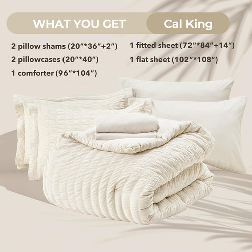 HYMOKEGE California King Comforter Set - 7-Piece Ivory Seersucker Luxury Bedding for All Seasons