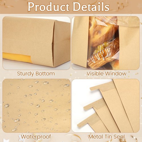 130 Pack Homemade Bread Sourdough Bags, 14" x 8.3" x 3.5" Large Paper Bread Bag with Tin Tie Tab Lock Clear Front Window Stickers for Bakery Storage Mothers Day Gifts