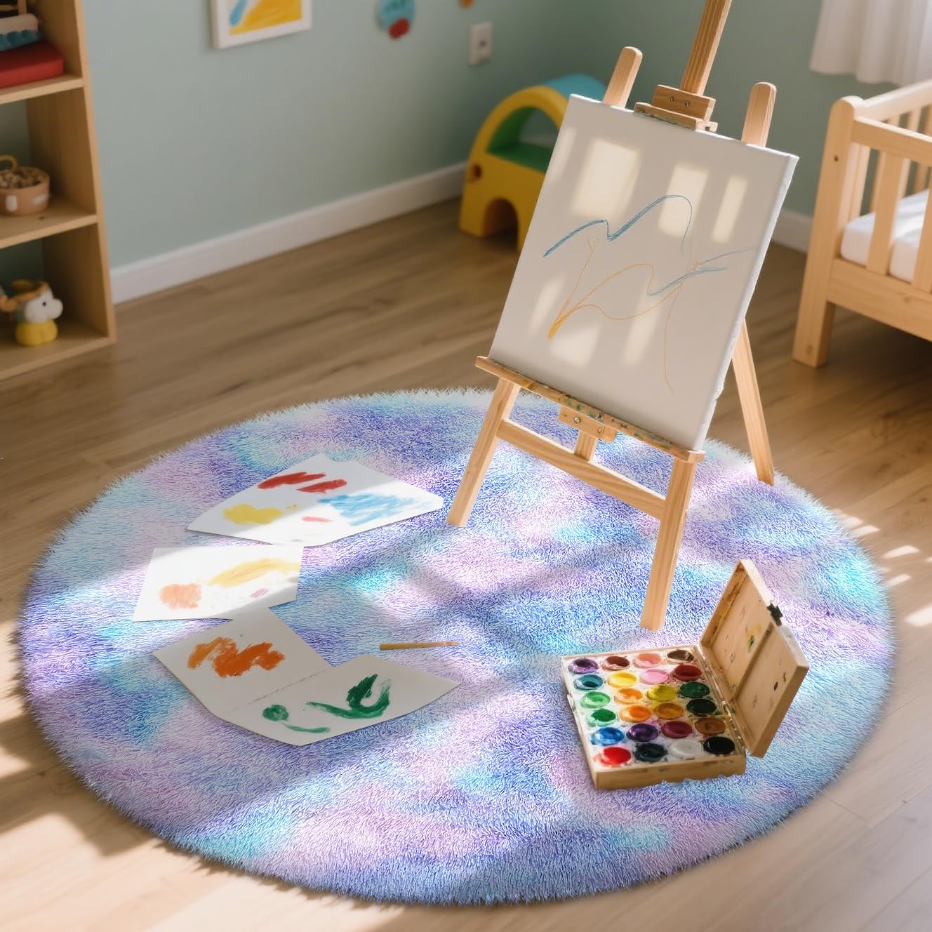 OLANLY Round Purple Rainbow Rug - Soft, Fluffy, Machine Washable 4x4 Feet Area Carpet for Kids' Rooms | Home Decor