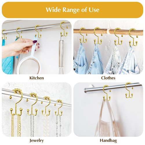 Upgraded 304 Stainless Steel Shower Curtain Hooks, 12-Pack Rust-Proof Heavy Duty Gold Shower Curtain Rings, Double Hook Glide Shower Hooks Rings, Bathroom Hardware Set