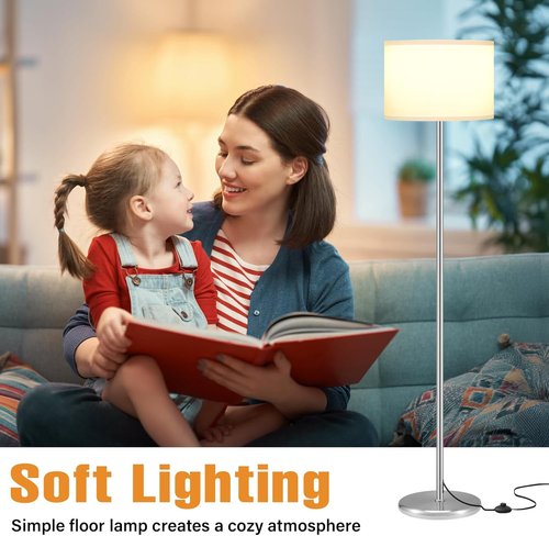 Ambimall 60'' Modern Floor Lamp - Stylish White Shade with Silver Pole for Living Room & Bedroom