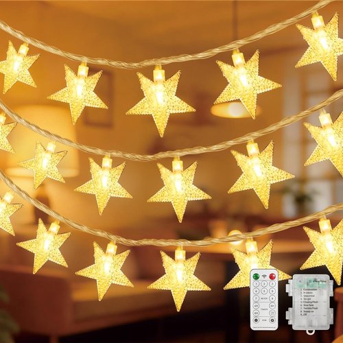 LAMPHOME LED Star String Lights - 16ft Warm White Fairy Lights with Remote & 8 Modes for Decor