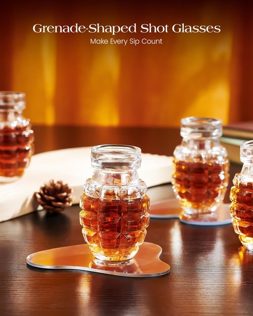 Kollea Grenade Shaped Shot Glass Set, Funny Shot Cups with Heavy Base for Whiskey, Tequila, Vodka, Liquor, 21st Birthday Gifts for Men Dad, Military Men Cave Decor, 3.7 Oz Bartender, 4 Pcs, Christmas