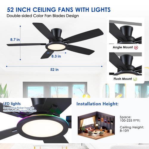 BYKISTOK Flush Mount Ceiling Fan with RGB Light - 52In Black Ceiling Fan Light with Reversible Mute Motor, LED 3CCT Dimmable, Low Profile Modern Ceiling Fans for Indoor, Party, Covered Outdoor