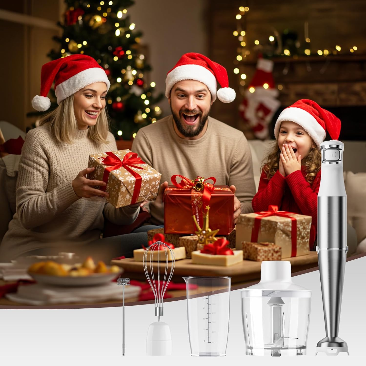 Skiennix Immersion Blender - 1100W Handheld Stick Mixer with Variable Speed, Chopper & Whisk - White