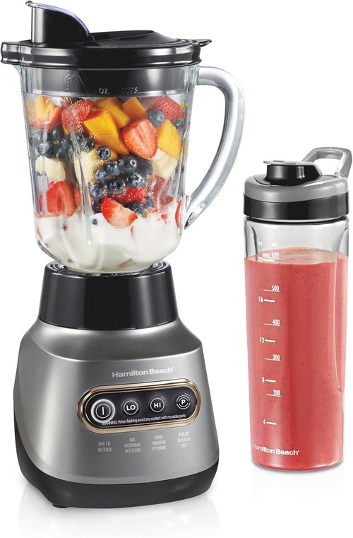 Hamilton Beach Wave Action Blender - Smoothies & Ice Crushing - 40oz Glass Jar & 20oz Travel Jar - 800 Watts, Silver