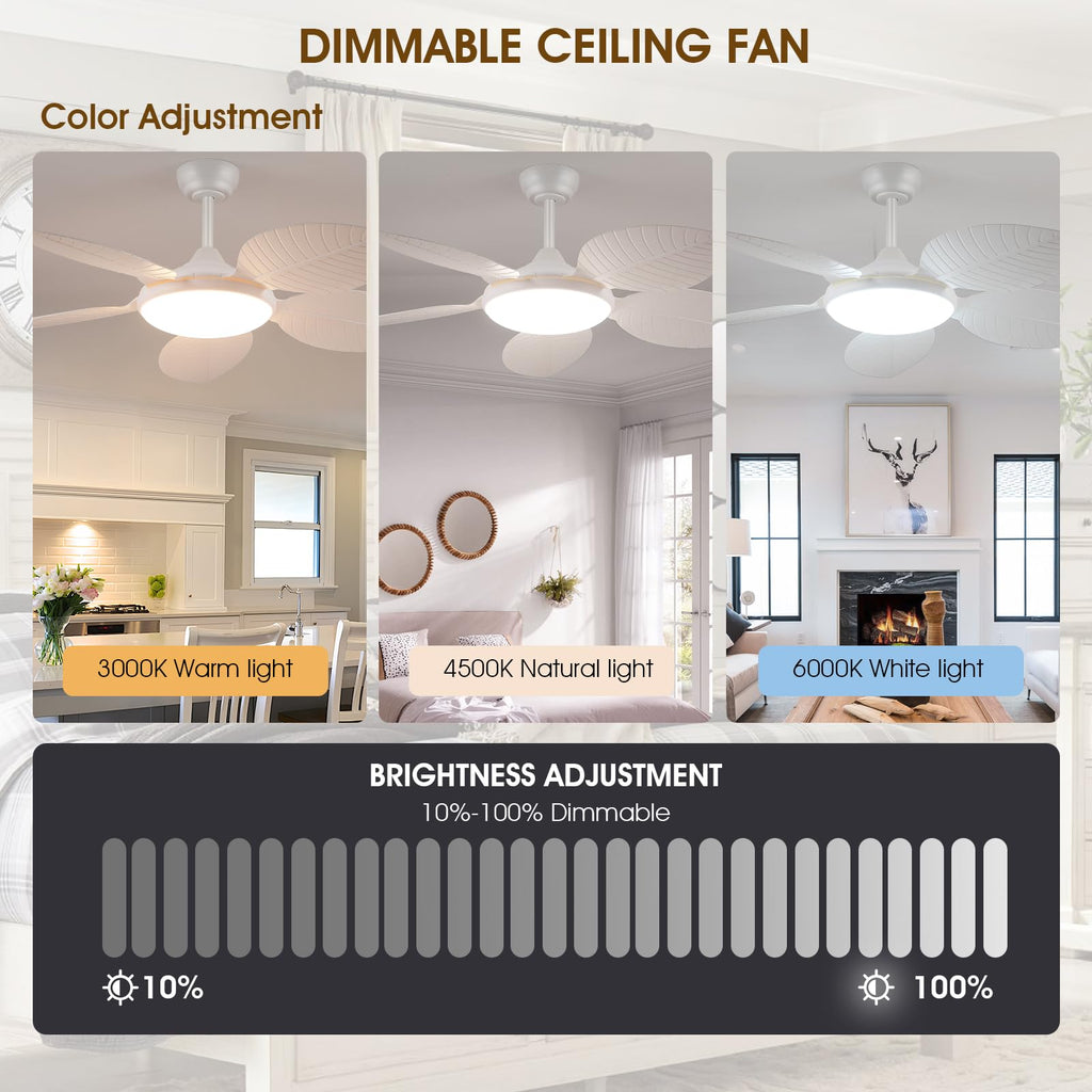 Wiviniya 48 Inch Tropical Ceiling Fans with Lights, Palm Leaf Outdoor Ceiling Fan with Light for Patios Porch Bedroom Living Room, Remote/APP Control, Reversible Quiet DC Motor, Dimmable LED, White