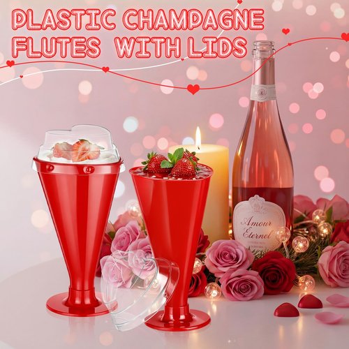 Acellegic 40 Pcs Valentine's Day Cups Heart Shaped Champagne Flutes with Lids 5.6 oz Dessert Cups Plastic Disposable Champagne Glasses for Parties, Bar, Events, Wedding Party Supplies (Red)