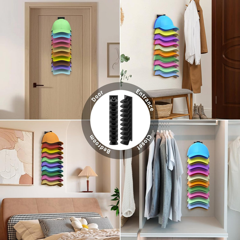 Volnamal Hat Organizer - 2 Pack Baseball Cap Rack Holds Up to 40 Hats | Space-Saving Wall Storage (Black)