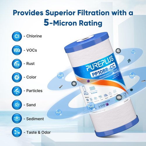 PUREPLUS 5 Micron 10" x 4.5" FXHTC Whole House Sediment and Carbon Water Filter Replacement Cartridge for GE GXWH40L, GXWH35F, GNWH38S, Culligan RFC-BBSA, WRC25HD, RFC-BB, PP10BB-CC, WFHD13001, 3Pack