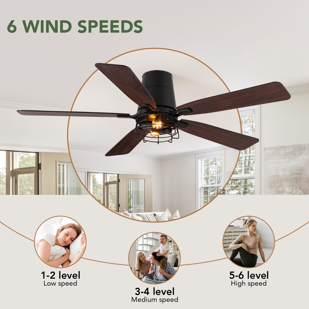 SPACORA 52 Inch Ceiling Fans with Lights, Farmhouse Ceiling Fan with Lights and Remote, Noiseless DC Motor, Black Flush Mount Ceiling Fan for Bedroom Living Room Indoor