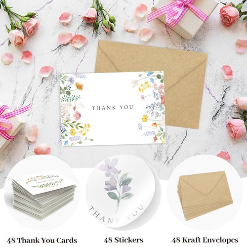 Hidreas 48 Pack Floral Thank You Cards with Envelopes, Watercolor Wildflower Thank You Notes with Kraft Envelopes Sticker for Birthday Wedding Baby Shower Bridal Shower Teachers Graduation, 4 x 6 Inch