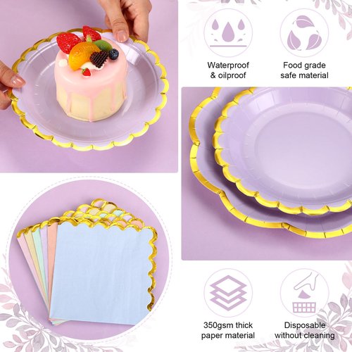 Skybooly 144 Pcs 48 Guests Pastel Rainbow Party Paper Plates and Napkins Sets Heavy Duty Pastel Scalloped Party Plates Napkins Disposable Rainbow Supplies Decoration for Bridal Baby Shower Wedding