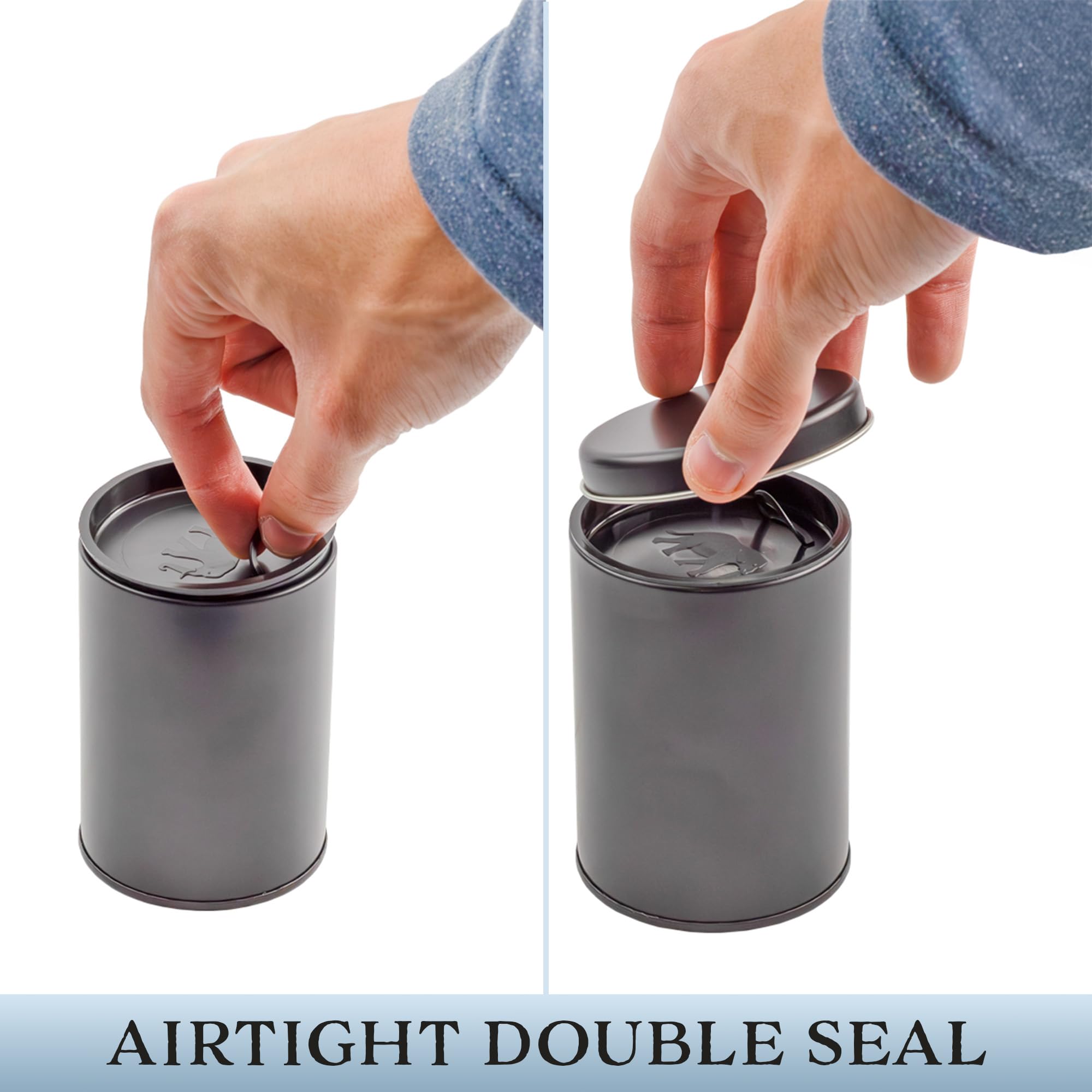 Cornucopia Brands Double Seal Tea Canisters (6-Pack); Black Metal Round Tea Tins w/ Interior Molded Plastic Seal