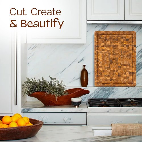 Yes4All Durable Teak Cutting Boards for Kitchen, [20''L x 15''W x 1.5” Thick] Large End Grain Cutting Board, Pre Oiled Wood Cutting Boards, Thick Chopping Board w/Juice Grooves and Easy Grip Handle