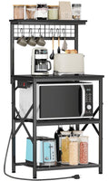 Furologee Kitchen Bakers Rack with Power Outlet, Microwave Oven Stand with Storage 4 Tiers, Coffee Bar Table with 6 S Hooks, Kitchen Storage Shelf Rack for Spices, Pots,Black
