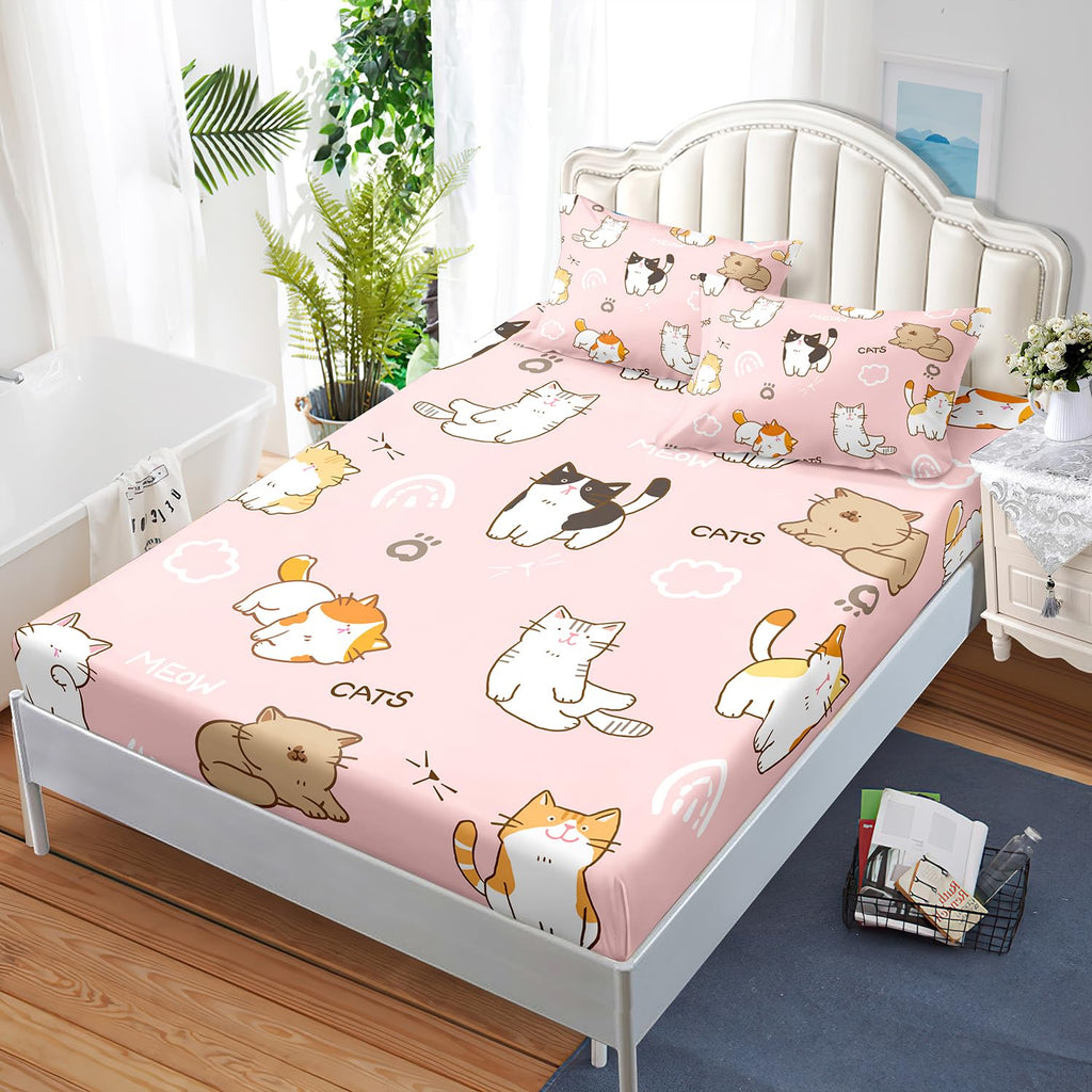 XYNHML Kids Cute Cat Fitted Sheet Set 3Pcs Cartoon Pet Cat Paw Quilt Bed Sheets Twin Lovely Animal White Cloudy Bedding Set for Boys Teens Adult Includes 1 Fitted Sheet,2 Pillowcases