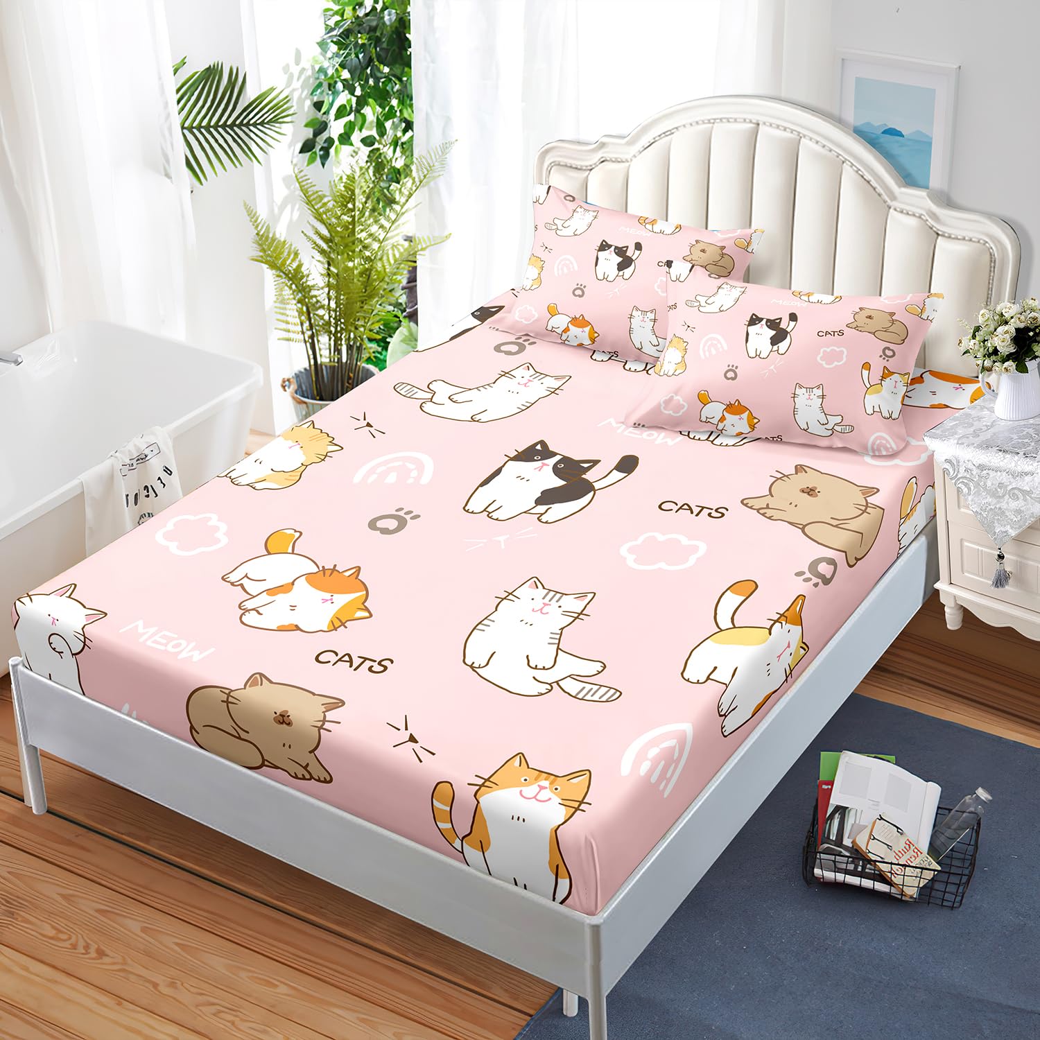 XYNHML Kids Cute Cat Fitted Sheet Set 3Pcs Cartoon Pet Cat Paw Quilt Bed Sheets Twin Lovely Animal White Cloudy Bedding Set for Boys Teens Adult Includes 1 Fitted Sheet,2 Pillowcases