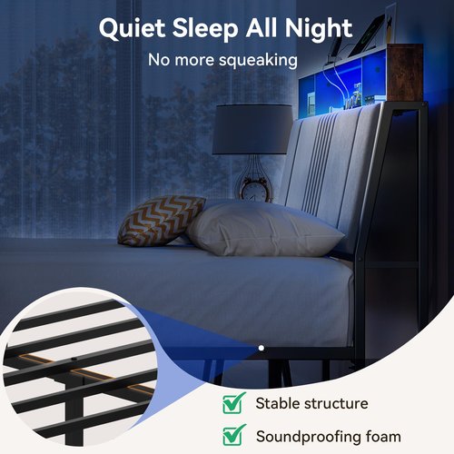 BedsPick Queen Bed Frame with Ergonomic Headboard, Upholstered Metal Platform Bed Queen Size with 2-Tier Storage, Charging Station, Smart LED Lights, Easy Assembly, No Box Spring Needed, Gray