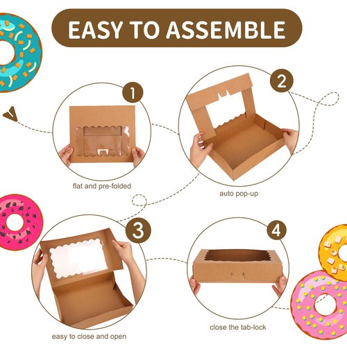 Moretoes 15pcs Bakery Boxes, 12x8x2.5 Inches Auto-Popup Cookie Boxes with Windows for Chocolate Covered Strawberries, Donuts, Pastries (Brown)