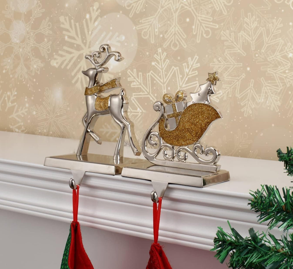 Cesdai Reindeer & Sleigh Stocking Holder Set for Mantle Set of 4,Deer Stocking Hangers for Firepiece,Christmas Decorations Mantel Hanger for Stocking/Garland (Silver with Gold)