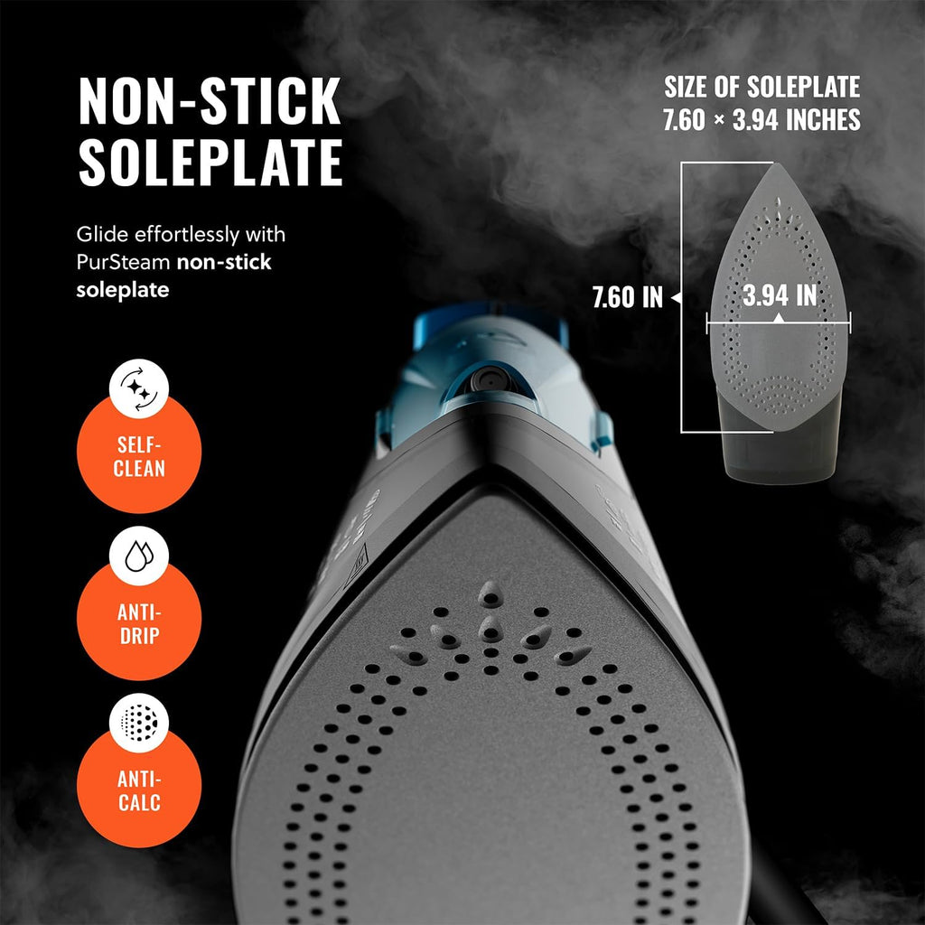 PurSteam Professional 1250W Steam Iron - Powerful Steamer with Burst of Steam & Non-Stick Soleplate