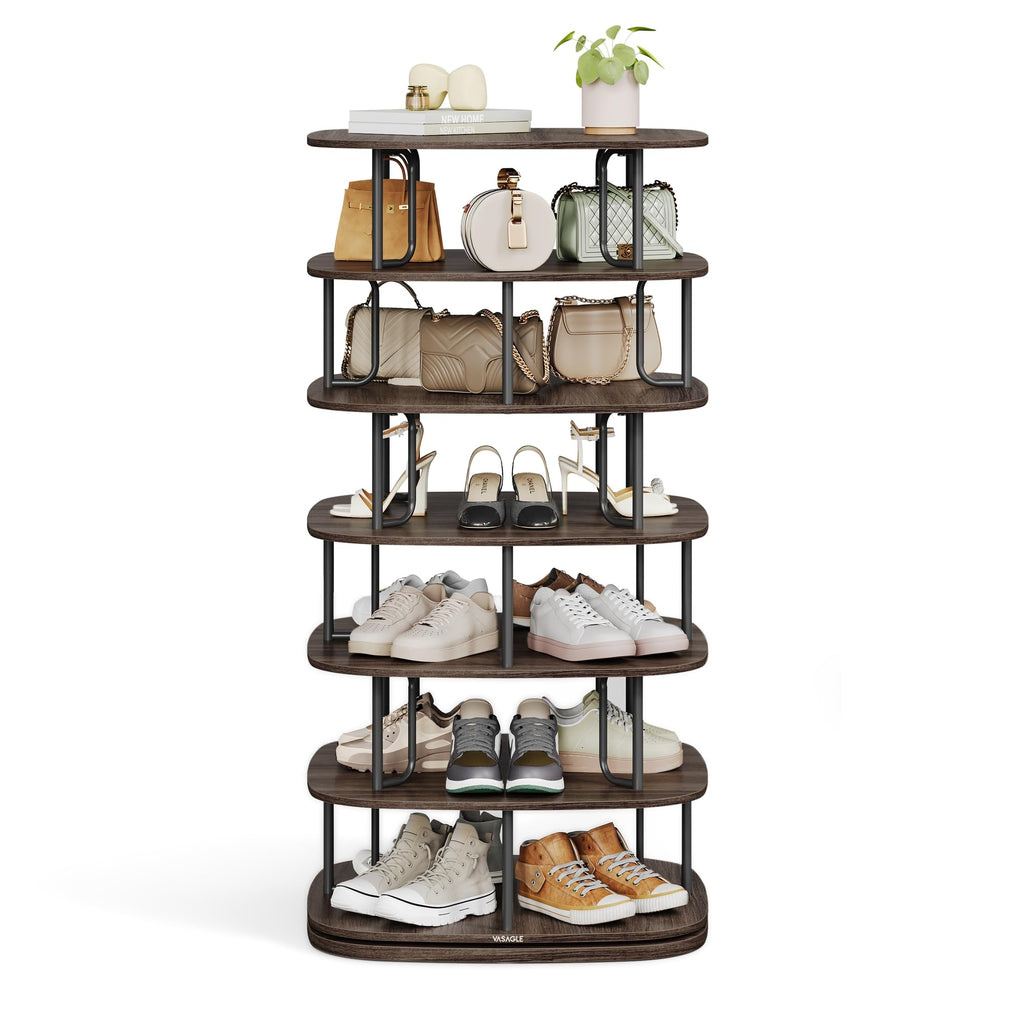 VASAGLE 7-Tier Shoe Rack, Rotating Shoe Rack Tower, Shoe Closet Organizer, Shoe Shelf, 28-35 Pairs, 23.6 x 23.6 x 47.2 Inches, for Entryway, Living Room, Closet, Ink Black and Ash Brown ULBS041B01