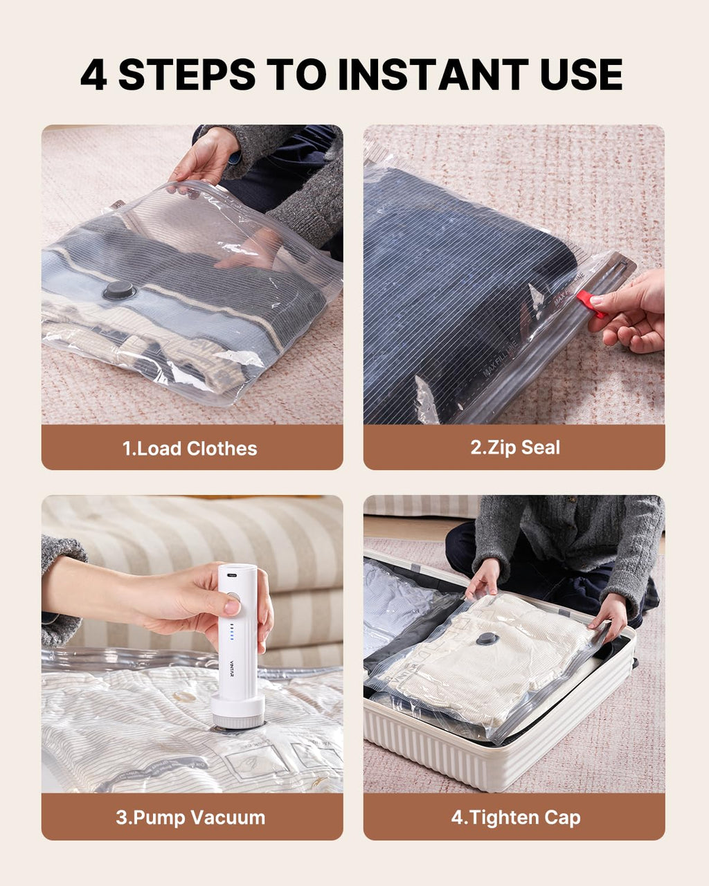 Vacuum Seal Bags for Clothing Travel, VINTAR 16 Pack Vacuum Storage Bags with Rechargeable Wireless Pump, Space Saver Bags(4 Jumbo+4 Large+4 Medium+4 Small) for Travel Luggage, Suitcase Storage