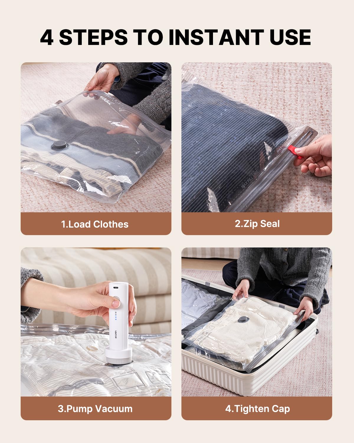 Vacuum Seal Bags for Clothing Travel, VINTAR 16 Pack Vacuum Storage Bags with Rechargeable Wireless Pump, Space Saver Bags(4 Jumbo+4 Large+4 Medium+4 Small) for Travel Luggage, Suitcase Storage