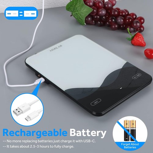AIMILAR Digital Kitchen Scale - 22lb/10kg Capacity, USB-C Rechargeable, Easy Clean Glass Top, LED Touch Screen