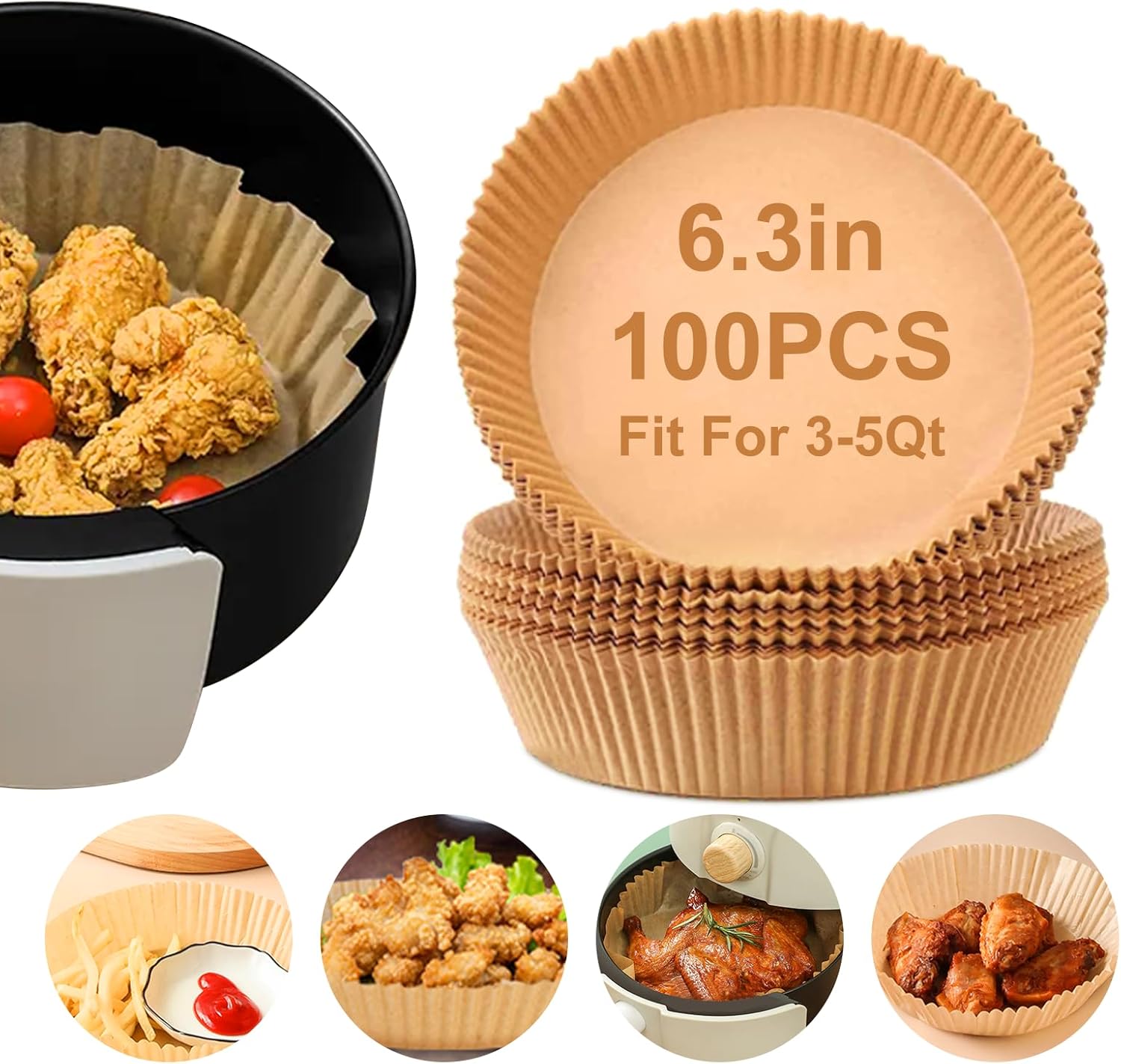 Air Fryer Liners - 100 Pcs Non-Stick Parchment Paper for 6.3-Inch Round Air Fryers | Food Grade Accessories