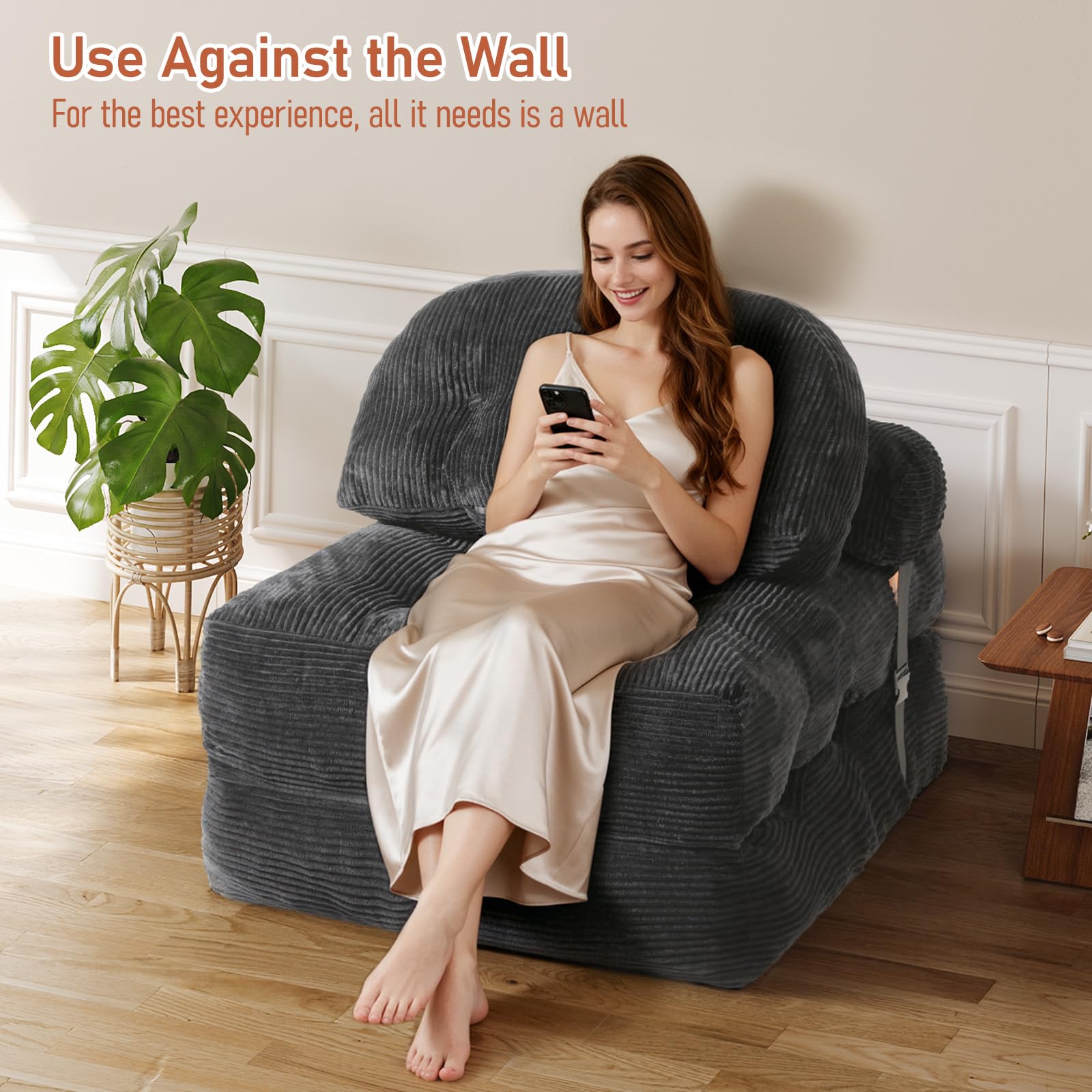 Vellorise Folding Sofa Bed, Convertible Sleeper Chair with Back Support and Pillow Futon,Boneless Foldable Couch for Living Room/Guest Use/Home Office, Foldable Chair Bed for Adults, Dark Gray