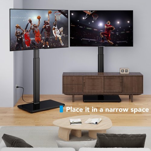 AX WABER Floor TV Stand with Power Outlet, Universal TV Stand Mount for 27-65 inch TV up to 88lbs, 70 Degree Swivel 9 Level Height Adjustable with Tempered Glass Base for Bedroom, Office Black
