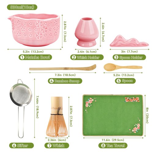 Matcha Whisk Set, 7 Pcs Matcha Making Kit with Matcha Bowl, Matcha Whisk and Holder, Bamboo Scoop, Scoop Rest, Sifter and Tea Towel，Gifts for Christmas Birthday