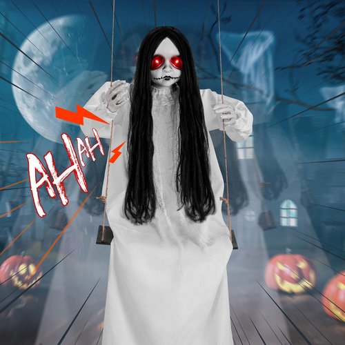 Halloween Decorations Outdoor, Scary Hanging Swinging Girl Props Sound & Slap Activated with Creepy Sound Expressions Light Up Eyes, Halloween Outside Ghosts for Haunted House Yard Lawn Decor