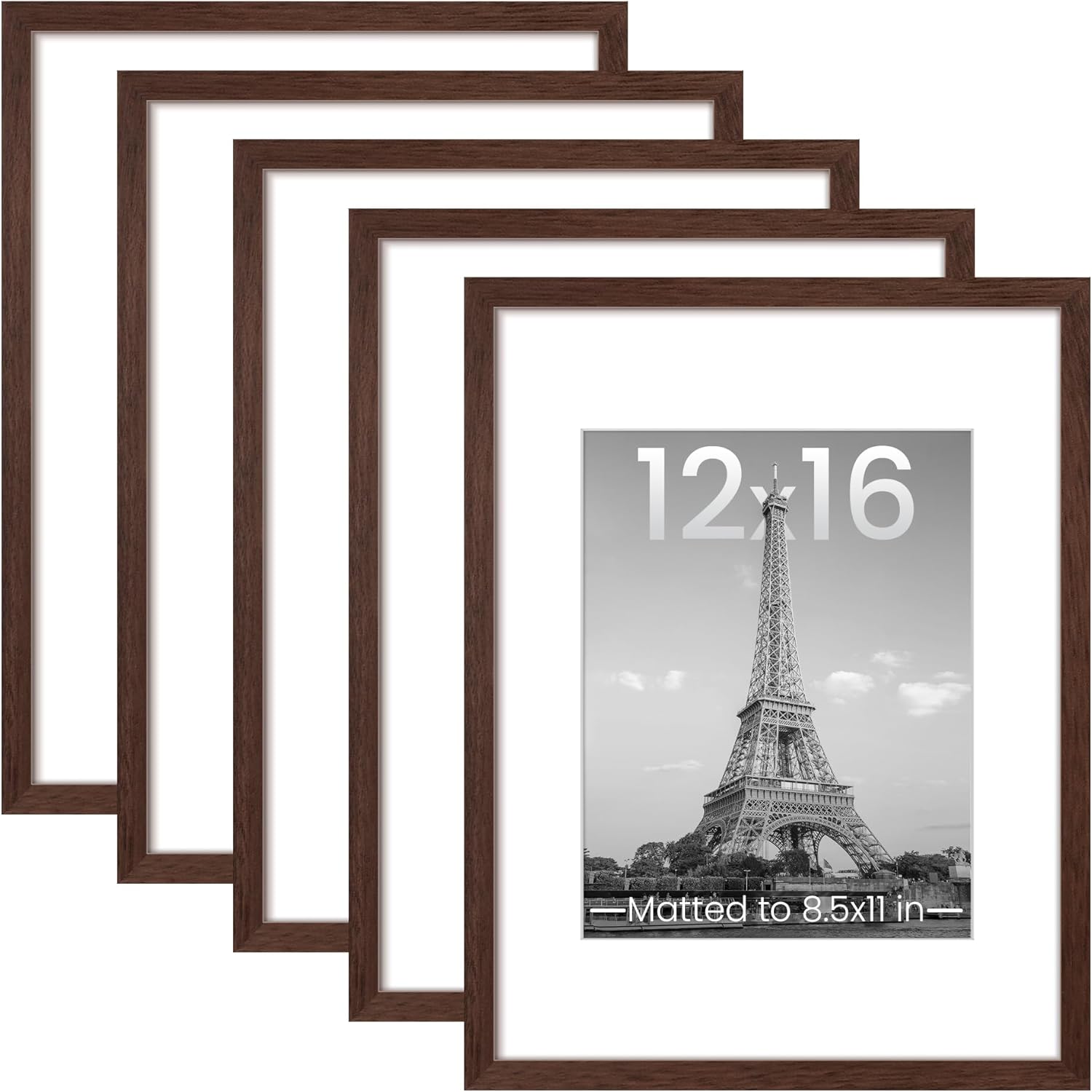 Upsimples 12x16 Picture Frame Set of 5 - Stylish Wall Gallery Frames for 8.5x11 or 12x16 Photos - Brown