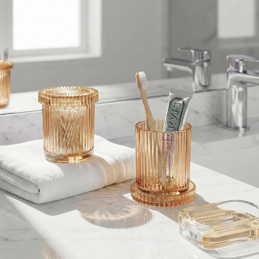 Skiennix Glass Qtip Holder Dispenser - 2 Pack Bathroom Organizer for Cotton Swabs & Makeup Essentials | Amber