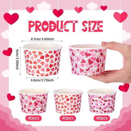 Newtay 120 Pieces Valentine's Day Heart Treat Snack Cups 8oz Disposable Paper Galentine Heart Paper Bowls Ice Cream Snack Bowls for Food Soup Hot Cold Drink