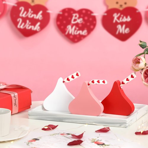 Valentine's Day Decor Kiss Signs - 3PCS Wood Candy Tiered Tray,Table Decorations Sign, Centerpieces for Valentines Day Table Mantel, Romantic Valentine's Day Wedding Party Gifts