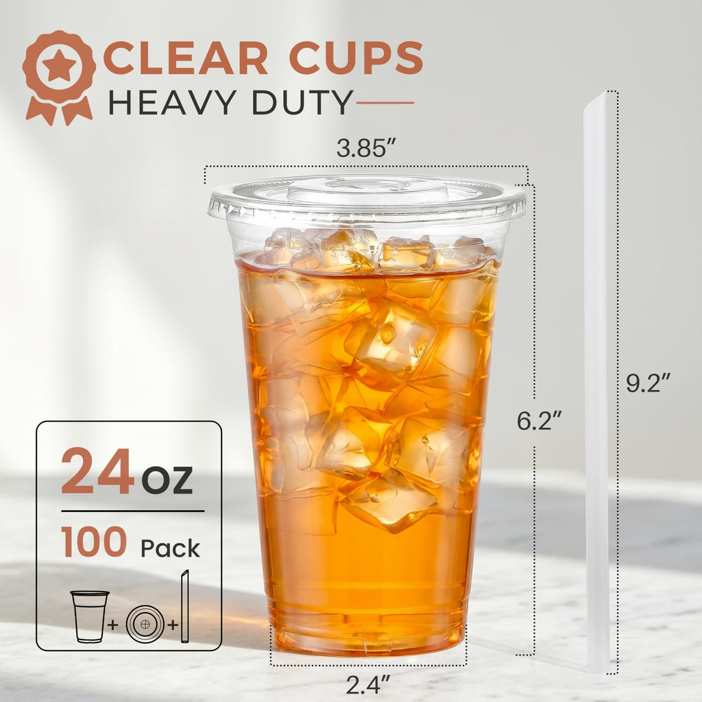 VITEVER [100 Sets - 24oz] Plastic Cups with Lids and Straws, Disposable Cups for Iced Coffee, Smoothie, Milkshake, Cold Drinks - Clear