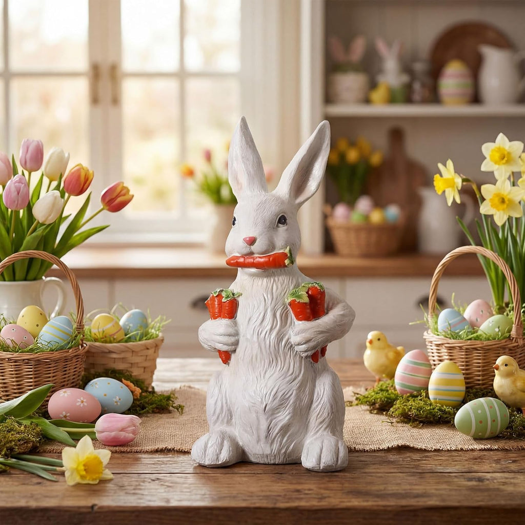 Yookeer Bunny Sculpture - 13 Inch Spring Resin Rabbit Figurine with Carrot | Easter Home Decor