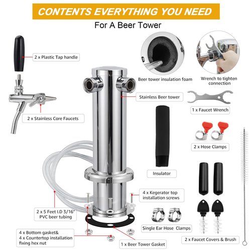 FERRODAY Upgraded Long Shank Adjustable Faucet Kegerator Tower Dual Faucet Beer Tower Double Tap Beer Tower Dispenser Beer Tap Kegerator Parts Pre-assembled Lines 3" Keg Tower Beer Keg Tap