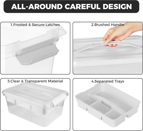 CraftGenes Craft Storage Box - 20 QT Clear Plastic Organizer with Removable Tray & Lids | White Playdoh Container for Supplies