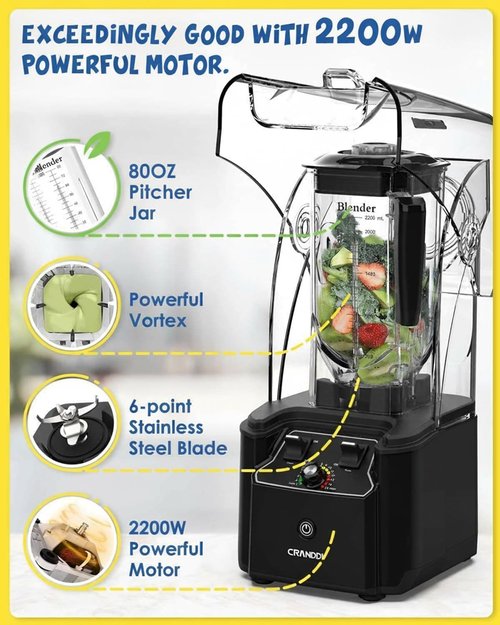 CRANDDI Commercial Quiet Blender - 2200 Watt Professional Countertop Blender with 80oz Pitcher | K90 Black