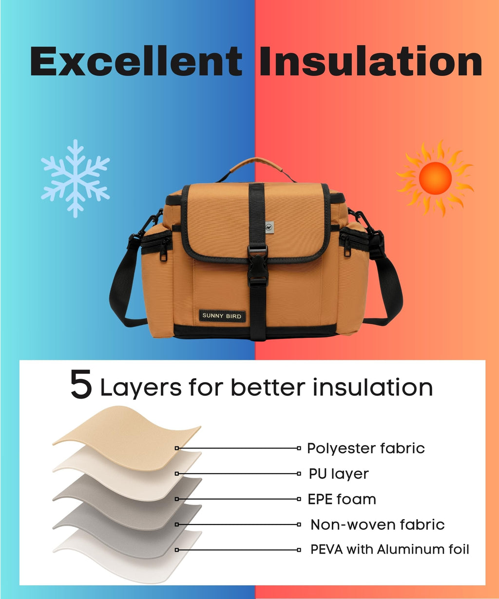 SUNNY BIRD Large Lunch Bag, Thermally Insulated Soft Cooler with Shoulder Strap for Women, Men (Brown)