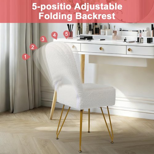 mapleway Small Vanity Stool Chair with Storage and Adjustable Folding Back 12.6" x 13.8" x 29.9" Alpaca Fur Soft Ottoman 4 Metal Legs with Anti-Slip Feet Furry Padded Seat for Makeup, Bedroom, White