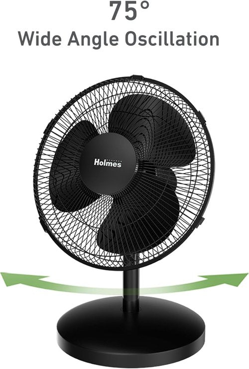 Holmes 12-Inch Oscillating Table Fan - 3 Speeds, 75° Wide Angle, Adjustable Tilt, Quiet for Home & Office - Black