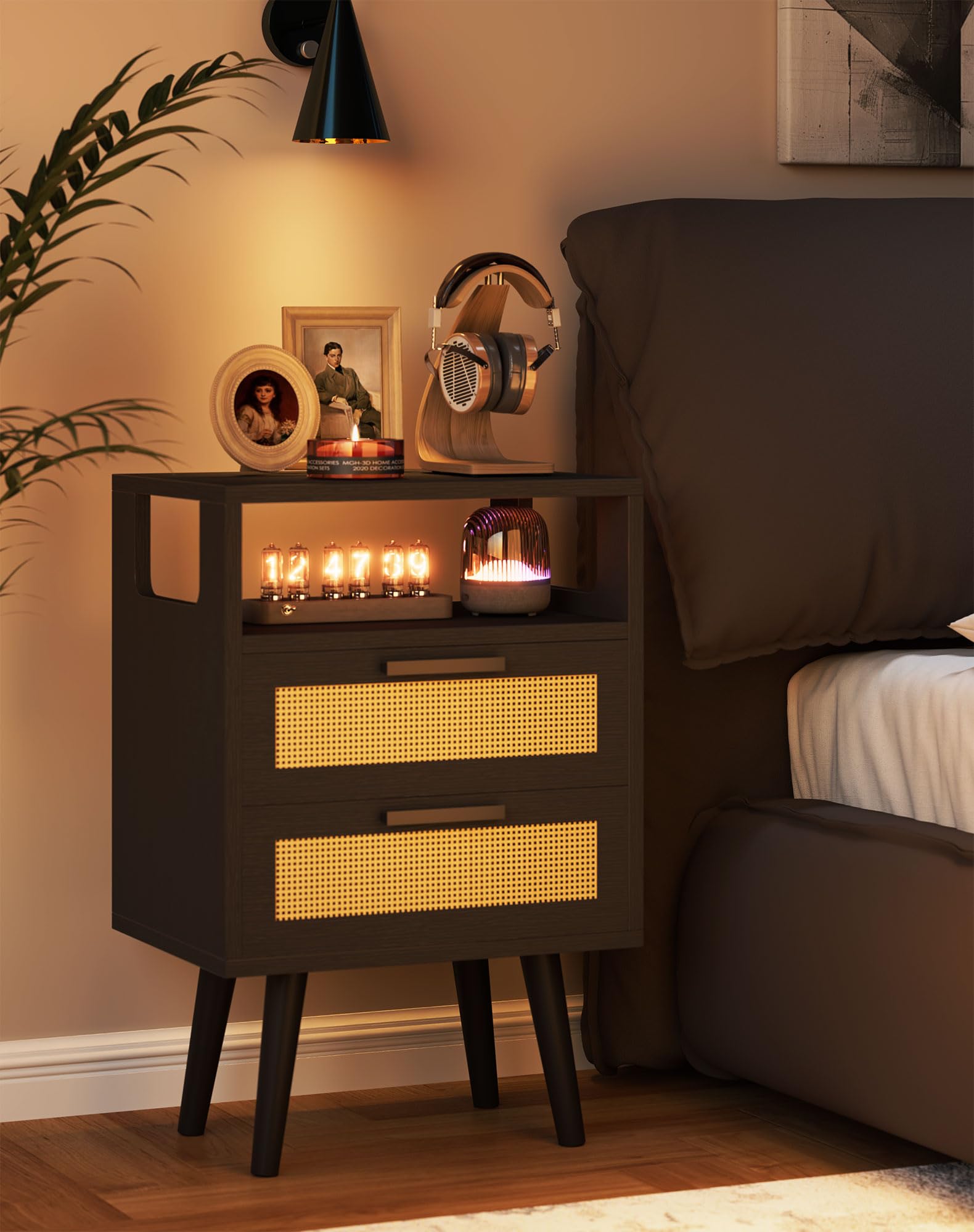 YMYNY Nightstand with 2 Drawers, Boho Side Table, Handmade Rattan Decorated, Open Shelf Unit with Arched Design, Solid Wood Legs, Storage Cabinet for Bedroom, Natural UHST015N