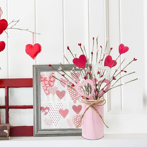 Agusbagli Valentines Day Decor Valentine Flowers Picks with Vase Valentines Day Artificial Berry Stems in Pink Metal Pot for Anniversary Wedding Table Centerpieces